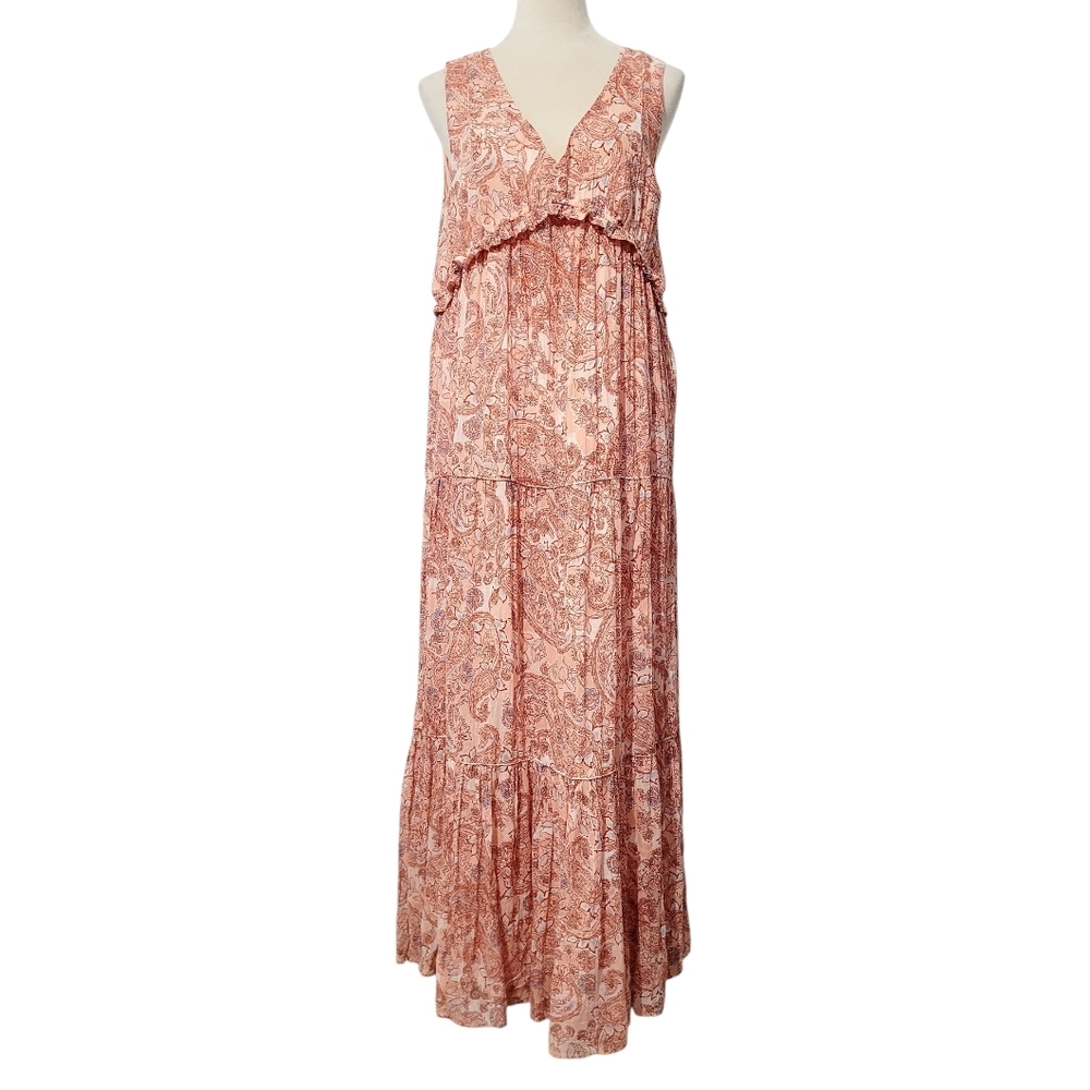 Rachel Zoe Pink Paisley Maxi Dress Women SZ Medium Sleeveless Boho Tiered Cotton - Picture 2 of 11